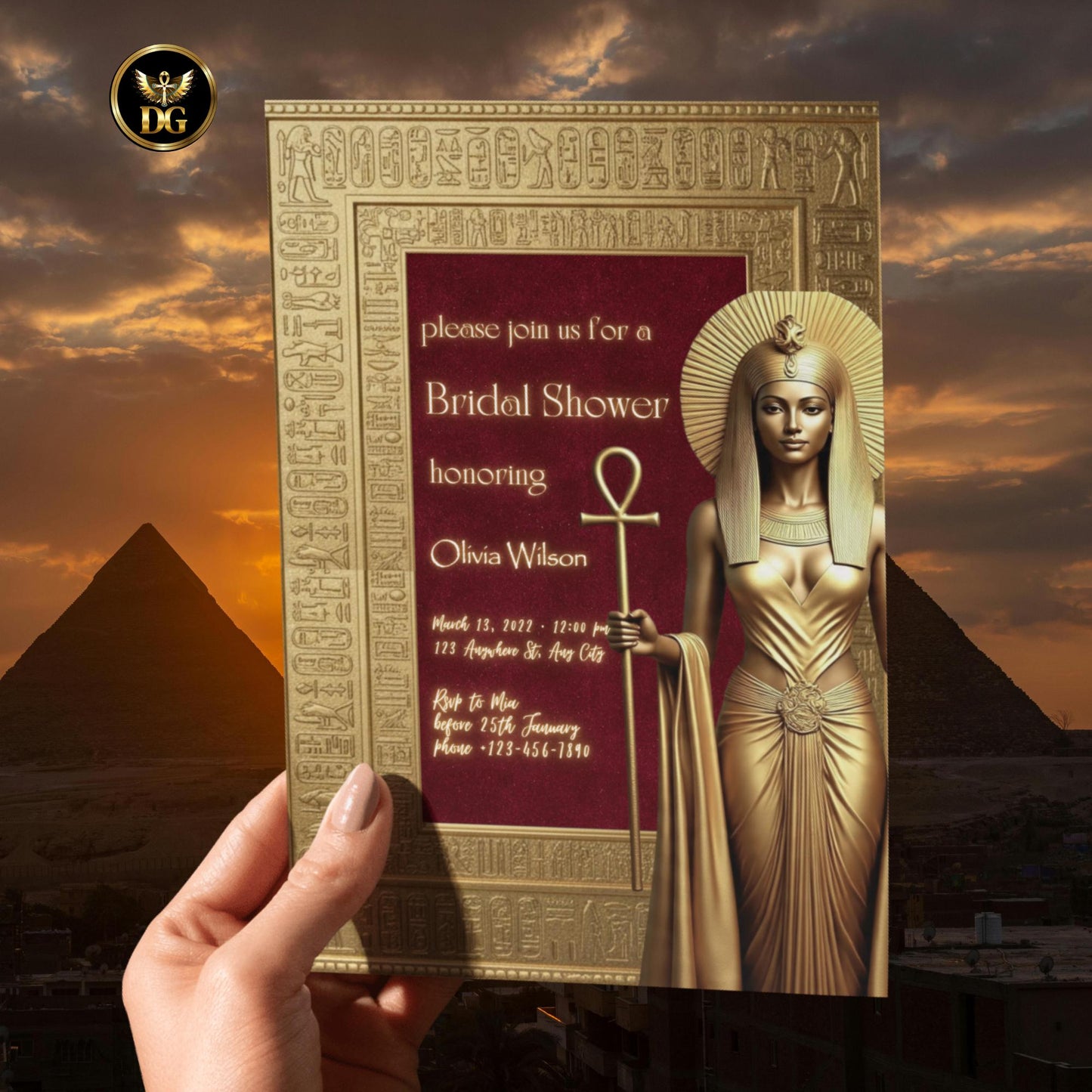 Golden Isis Bridal Shower Invitation - Egyptian Goddess Digital Template