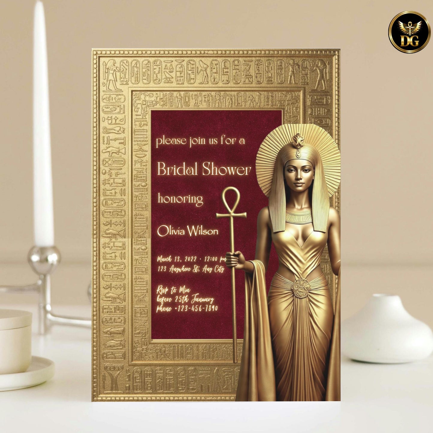 Golden Isis Bridal Shower Invitation - Egyptian Goddess Digital Template