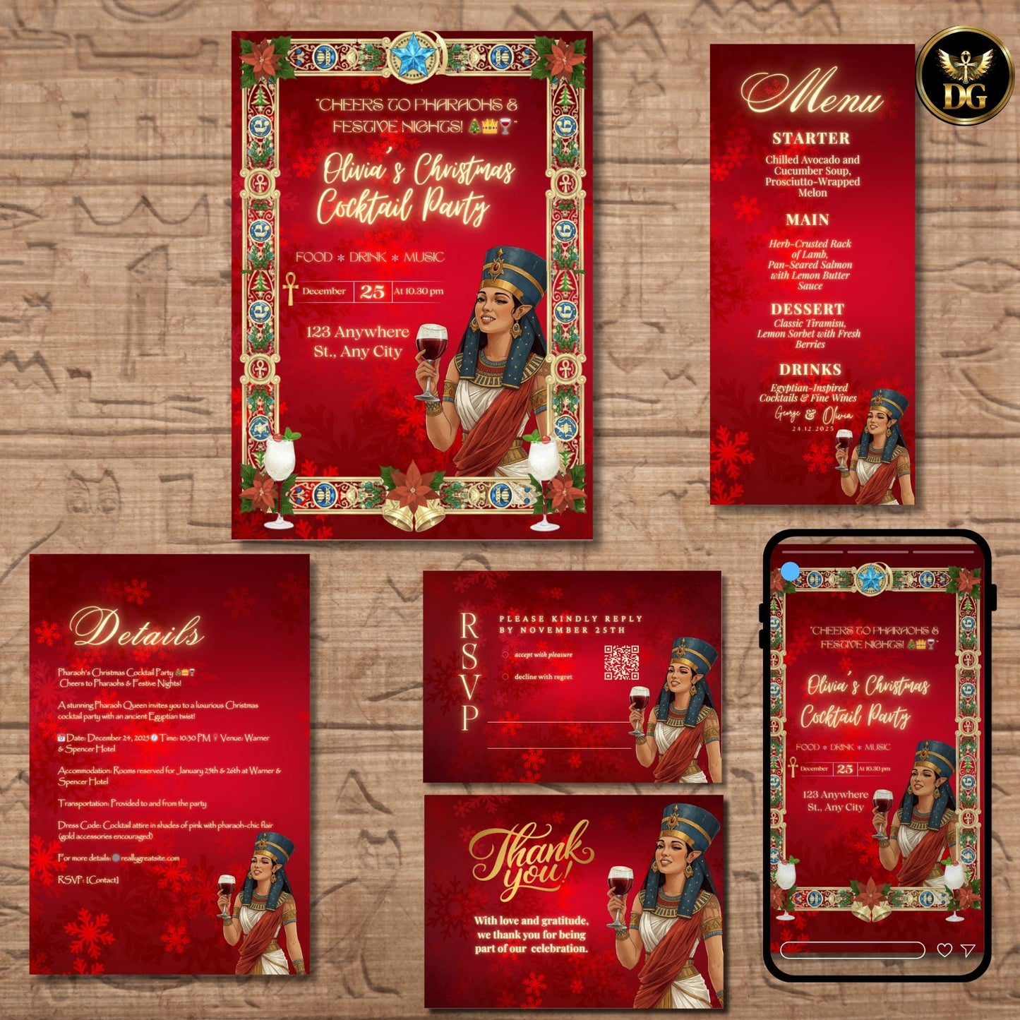 Pharaoh’s Christmas Cocktail Invitation | Luxury Red & Gold Egyptian Queen Holiday Soirée | Elegant Art-Deco Canva Template Bundle