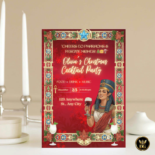Pharaoh’s Christmas Cocktail Invitation | Luxury Red & Gold Egyptian Queen Holiday Soirée | Elegant Art-Deco Canva Template Bundle