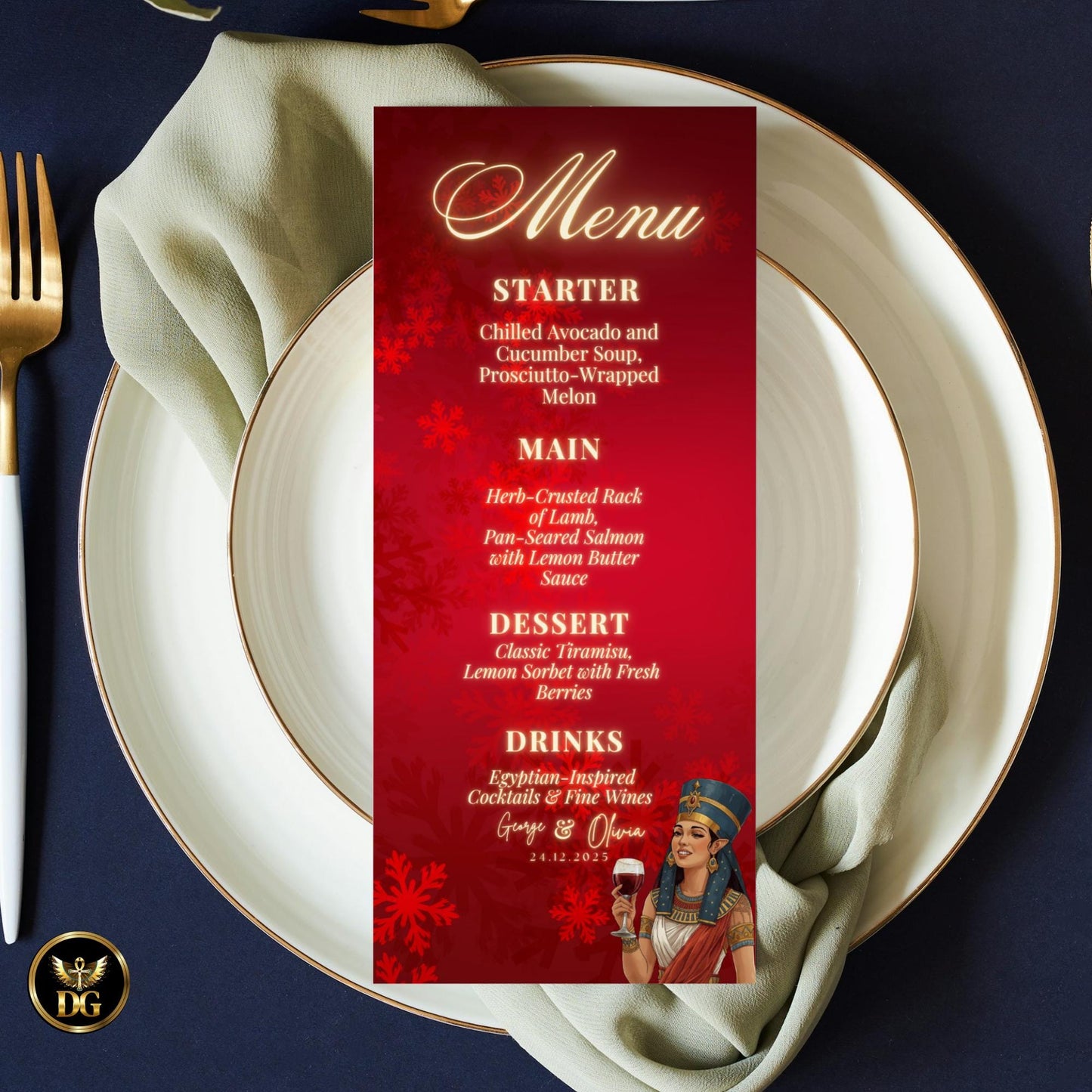Pharaoh’s Christmas Cocktail Invitation | Luxury Red & Gold Egyptian Queen Holiday Soirée | Elegant Art-Deco Canva Template Bundle