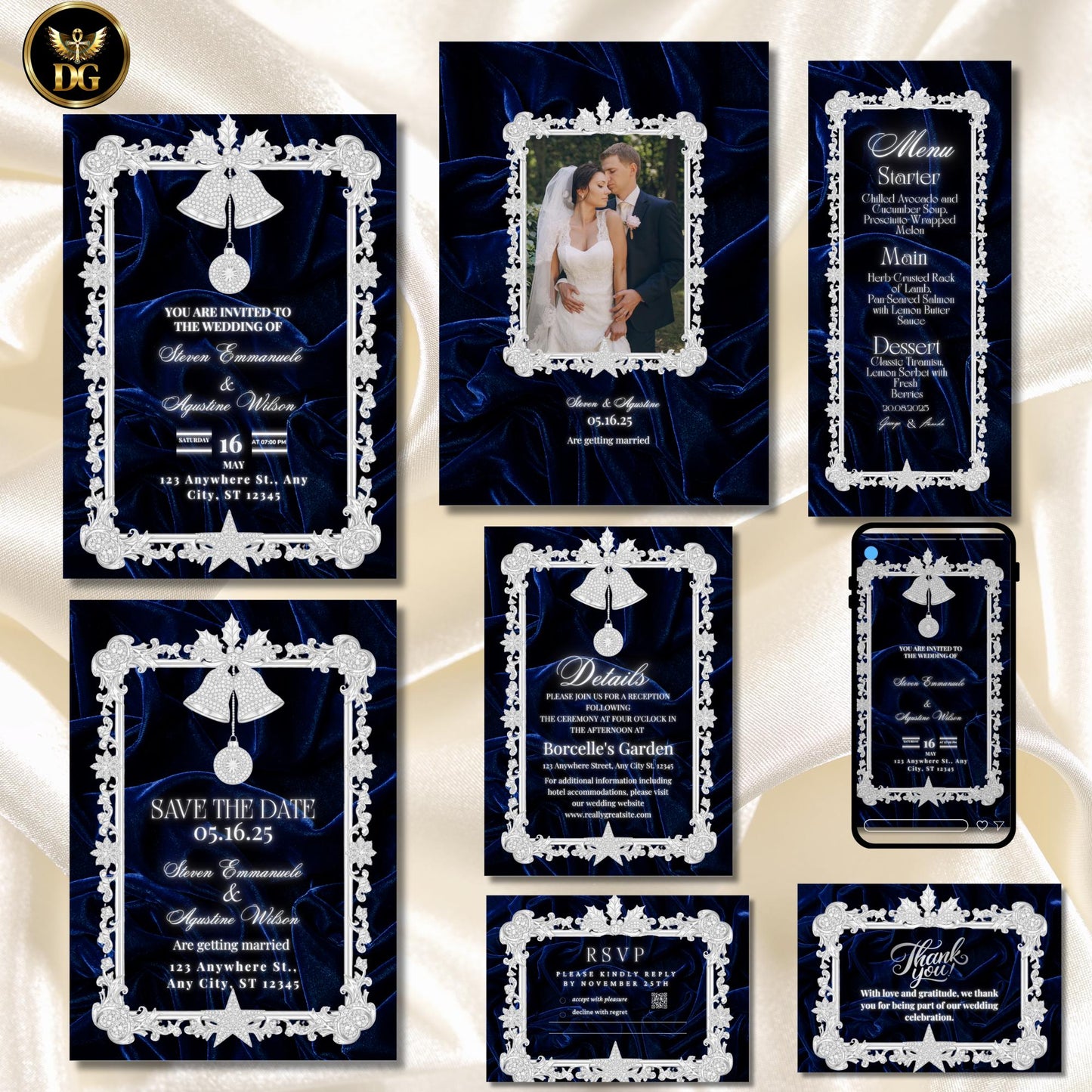 Navy Velvet Christmas wedding Invitation Bundle Canva 8 Cards