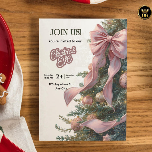 Luxury Cream & Gold Christmas Invitation Set with Floating Pink Bow – Elegant Holiday Party Templates