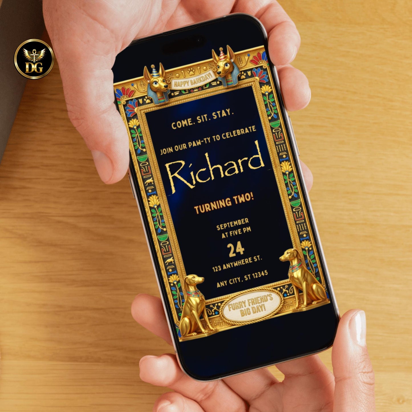 Anubis -Guarded Royal Egyptian Barkday Invitation – Luxury Pharaoh-Themed Puppy Party Template