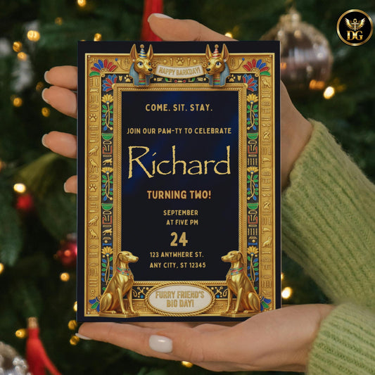 Anubis -Guarded Royal Egyptian Barkday Invitation – Luxury Pharaoh-Themed Puppy Party Template