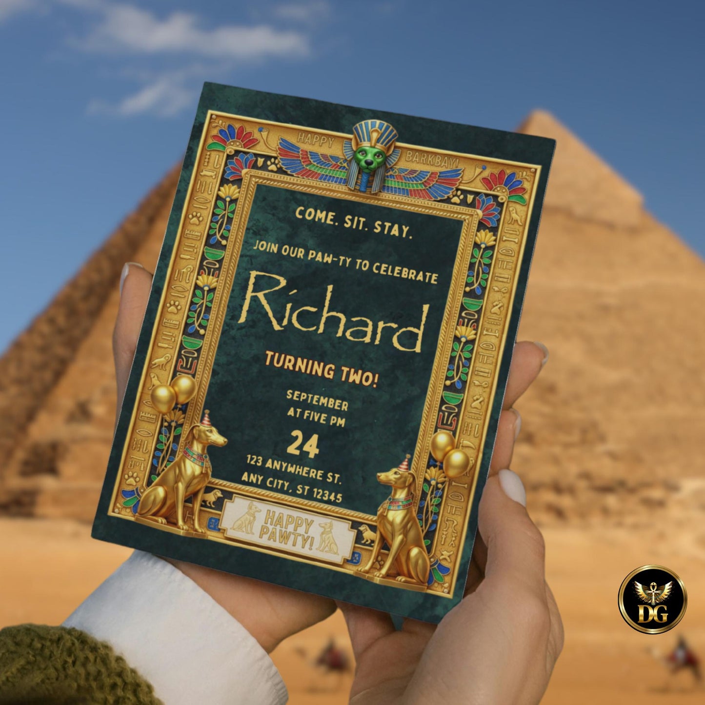 Anubis Egyptian Dog Birthday Invitation – Emerald Velvet Royal Barkday Digital Template | Luxury Pharaoh Puppy Party Invite