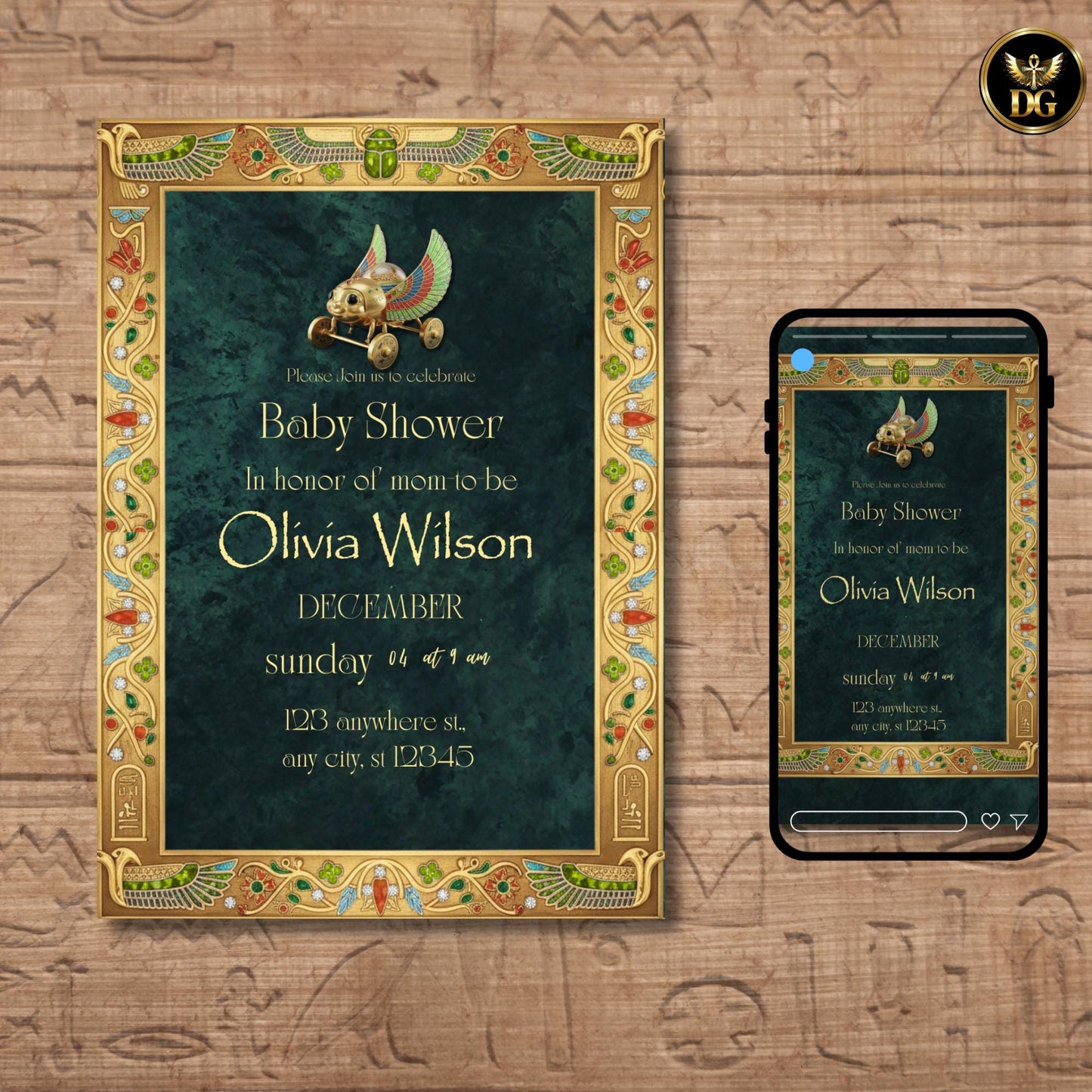 Emerald & Gold Pharaoh Baby Shower Invitation – Royal Egyptian Digital Invite with Mini Pharaoh Toy | Luxury Baby Celebration
