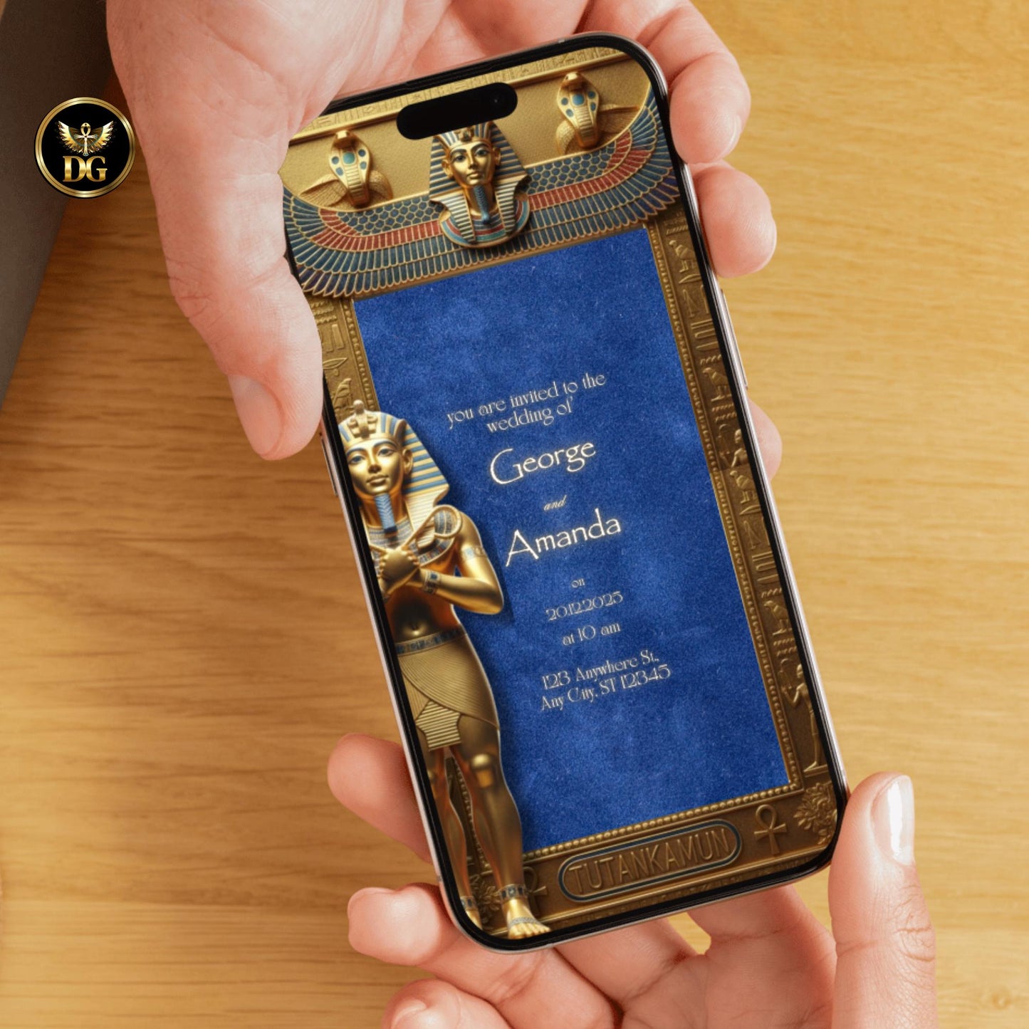 Royal Egyptian Wedding Invitation | Tutankhamun Digital Invite | Ancient Pharaoh Gold  Blue Velvet Design | Luxurious Temple Themed Card