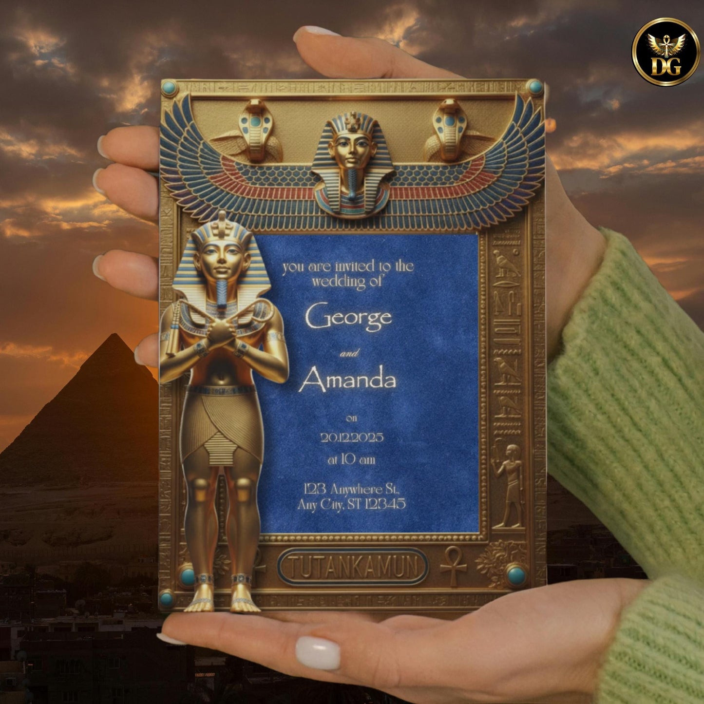 Royal Egyptian Wedding Invitation | Tutankhamun Digital Invite | Ancient Pharaoh Gold  Blue Velvet Design | Luxurious Temple Themed Card