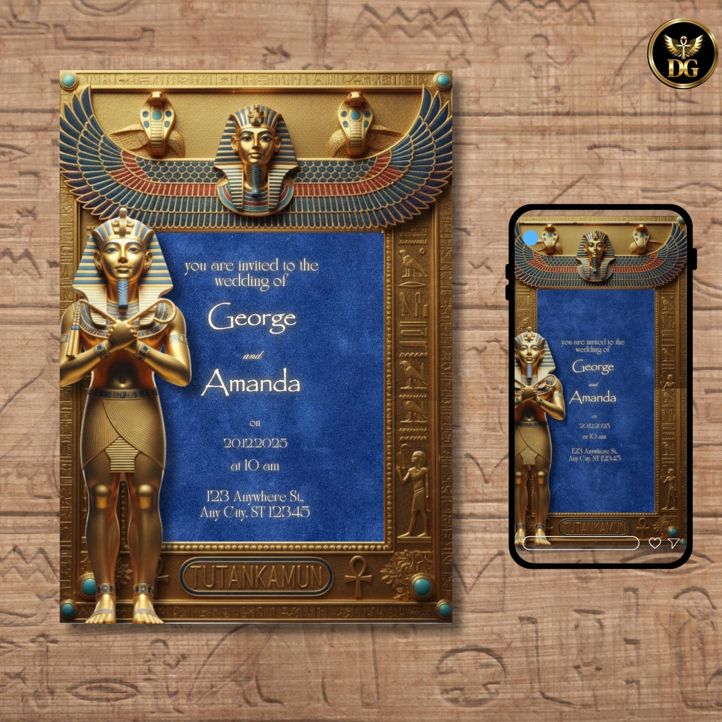 Royal Egyptian Wedding Invitation | Tutankhamun Digital Invite | Ancient Pharaoh Gold  Blue Velvet Design | Luxurious Temple Themed Card
