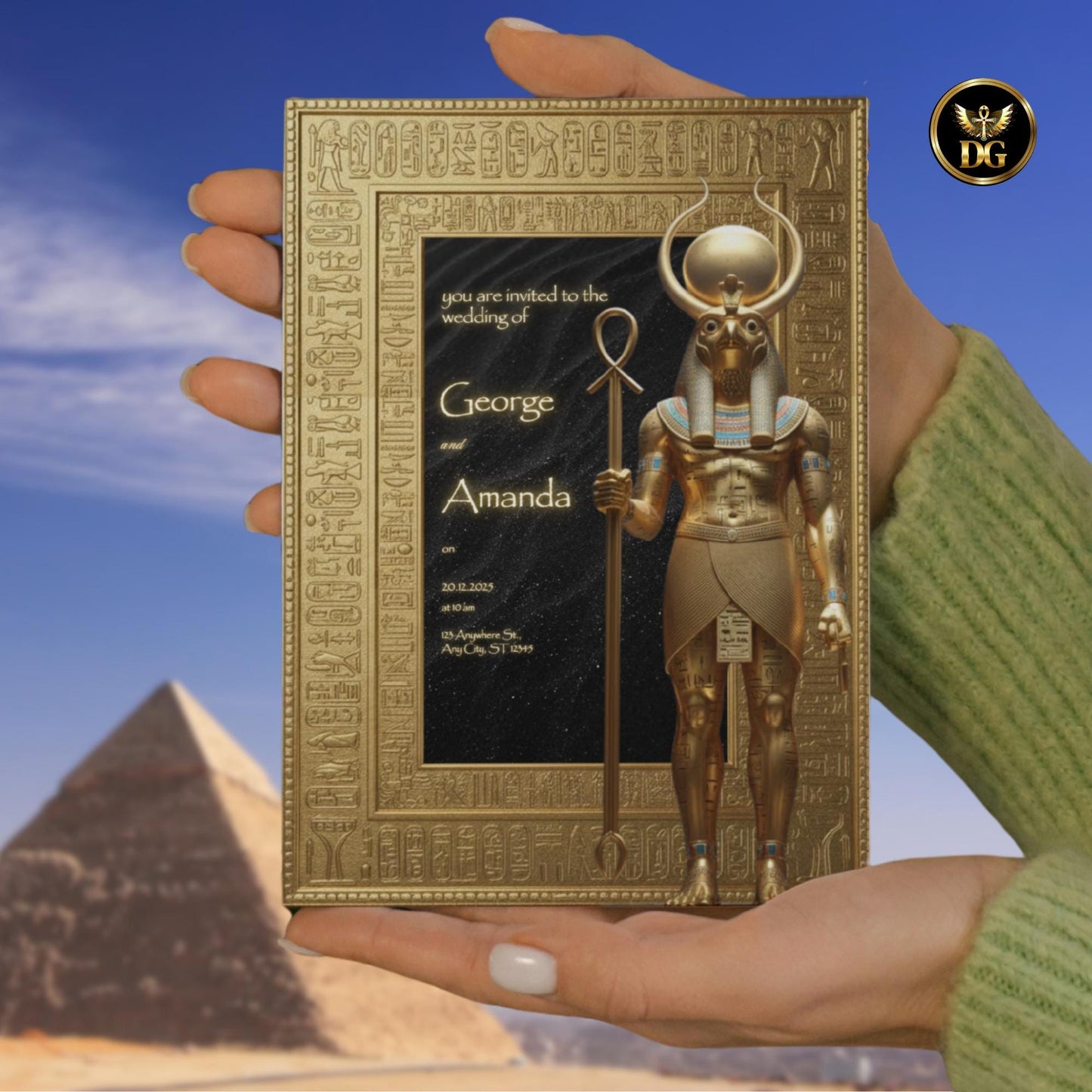Royal Egyptian Wedding Invitation | Golden Ra God Design | Black Velvet Starry Background | Luxurious Editable Canva Template