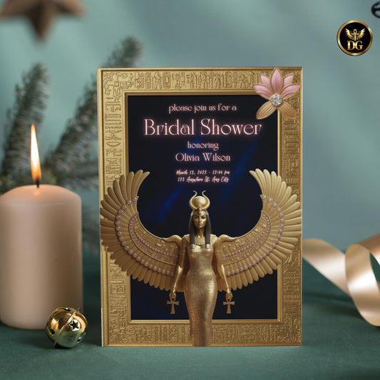 Egyptian Goddess Isis Bridal Shower Invitation | Golden Hieroglyph Frame | Navy Velvet Background | Luxurious Canva Template