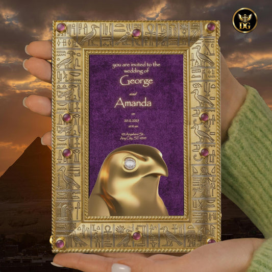 Eye of Horus Egyptian Wedding Invitation | Purple Velvet & Gold Frame | Diamond Details | Luxurious Editable Canva Template