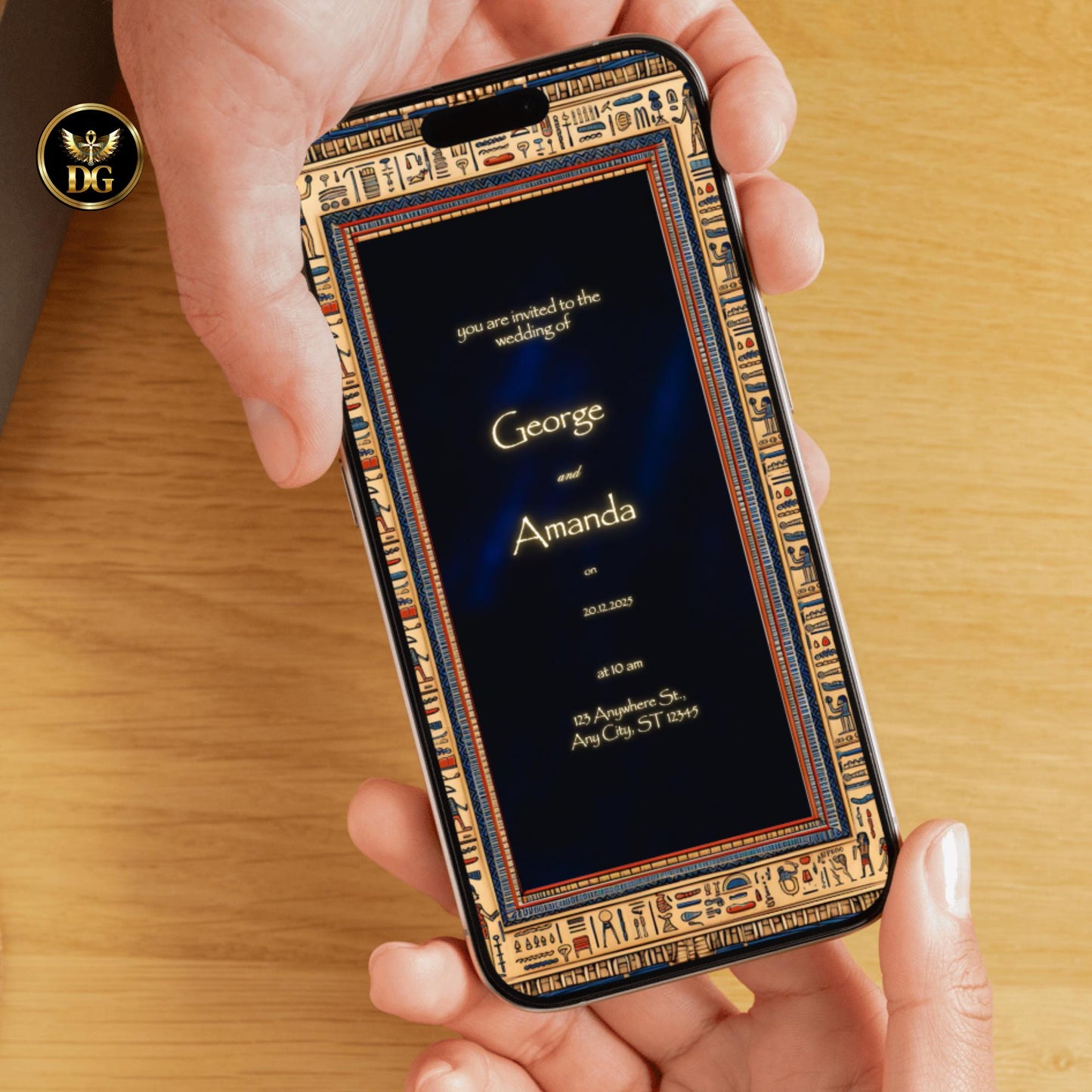 Elegant Egyptian Wedding Invitation | Beige Wooden Hieroglyph Frame | Velvet Background | Handcrafted Editable Canva Template