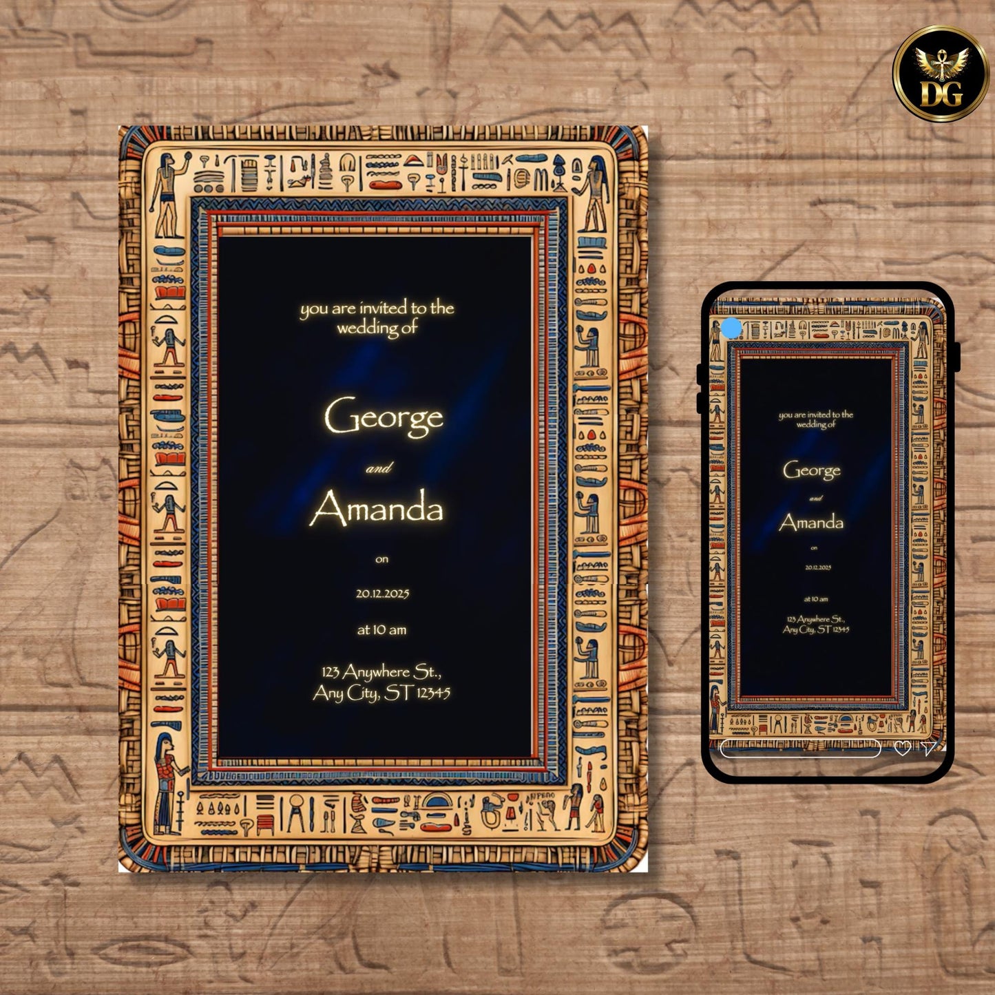 Elegant Egyptian Wedding Invitation | Beige Wooden Hieroglyph Frame | Velvet Background | Handcrafted Editable Canva Template