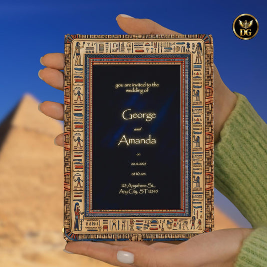 Elegant Egyptian Wedding Invitation | Beige Wooden Hieroglyph Frame | Velvet Background | Handcrafted Editable Canva Template