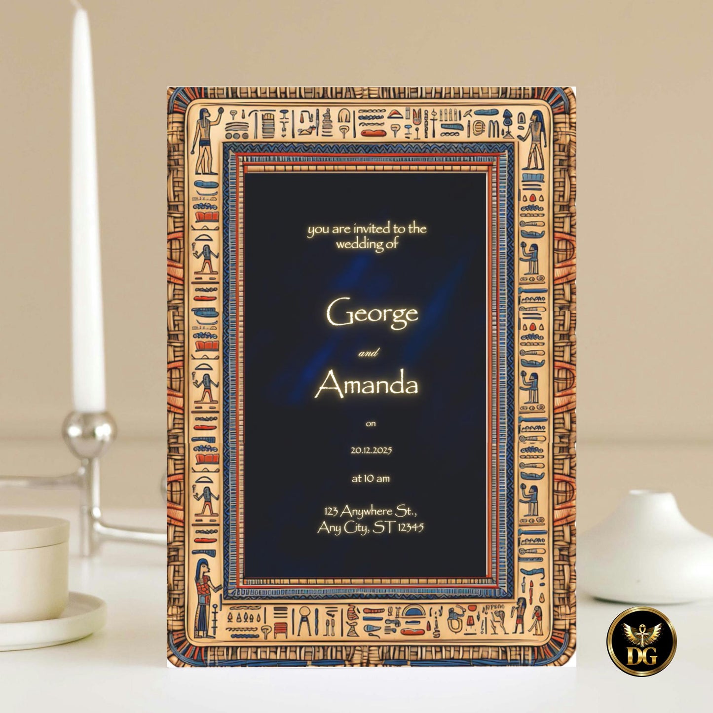 Elegant Egyptian Wedding Invitation | Beige Wooden Hieroglyph Frame | Velvet Background | Handcrafted Editable Canva Template