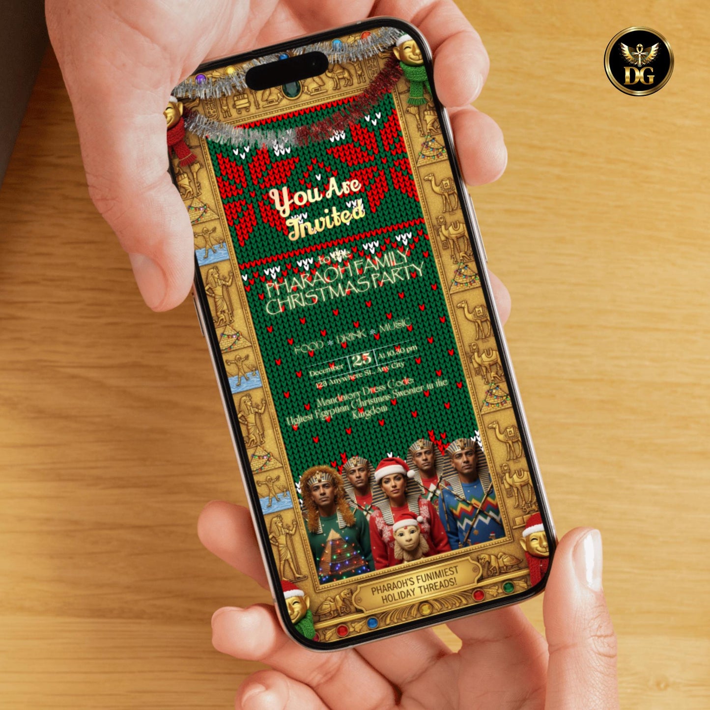 Pharaoh Family Christmas Invitation Printable 5x7, Funny Egyptian Holiday Card, Ugly Sweater Party Invite
