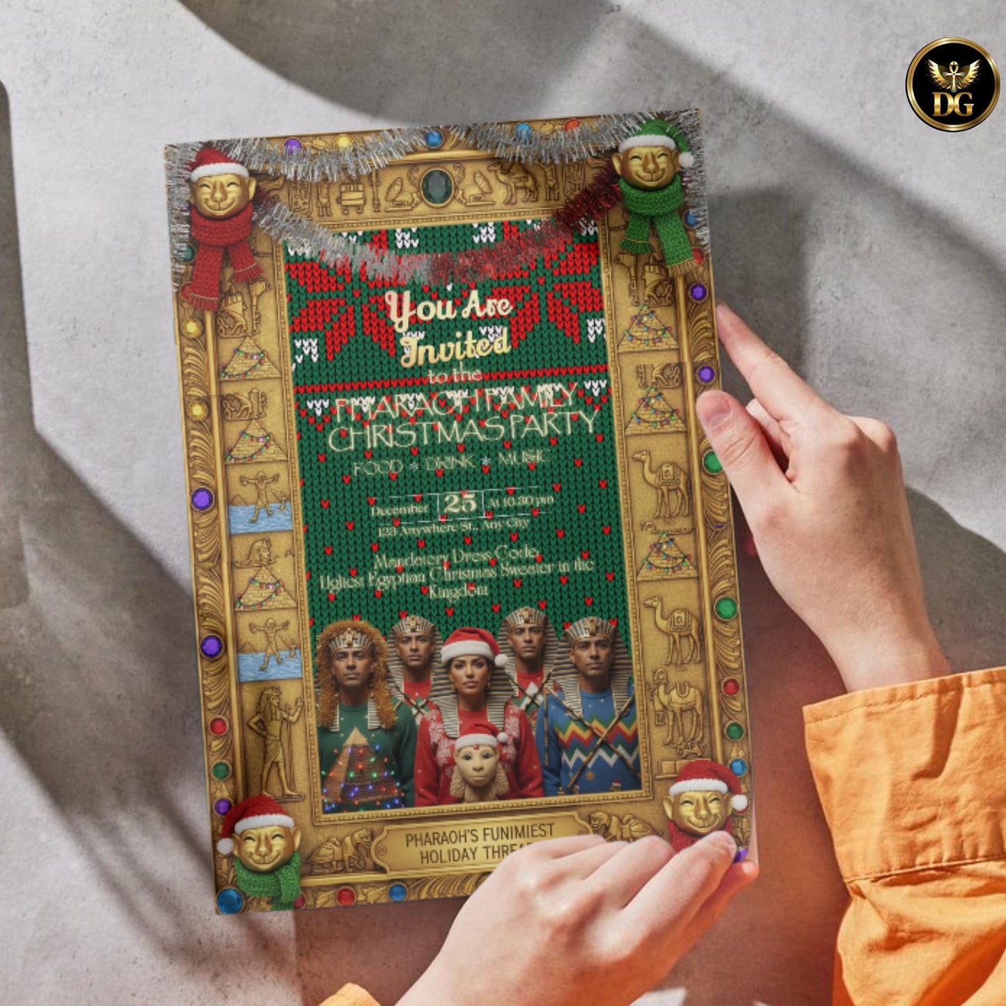 Pharaoh Family Christmas Invitation Printable 5x7, Funny Egyptian Holiday Card, Ugly Sweater Party Invite