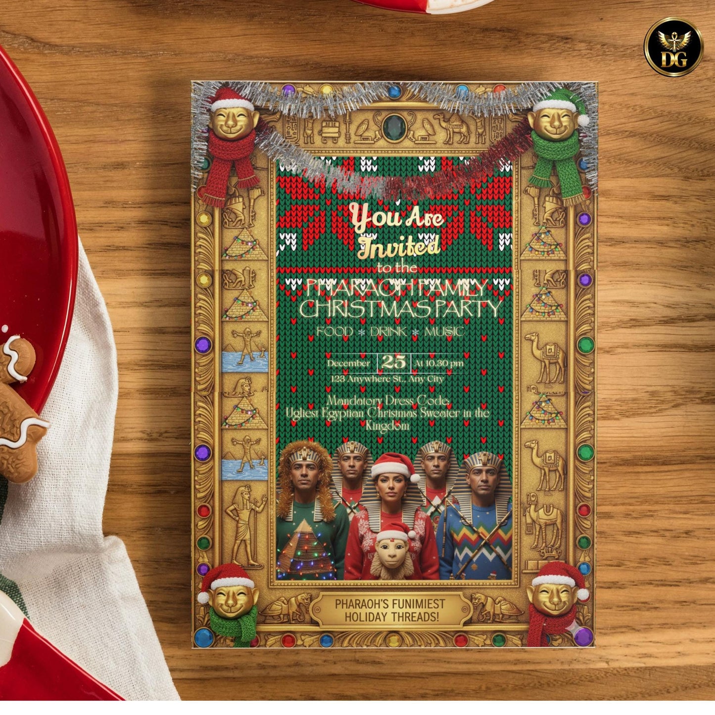 Pharaoh Family Christmas Invitation Printable 5x7, Funny Egyptian Holiday Card, Ugly Sweater Party Invite