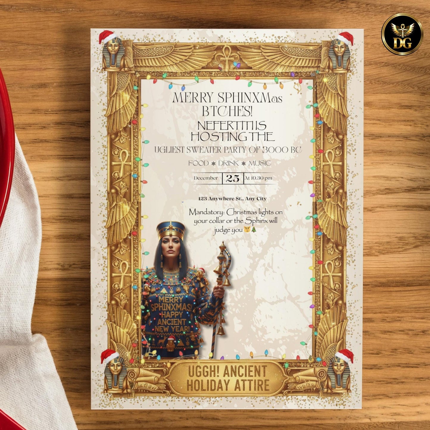 King Tut's Ugly Sweater Party! Golden Egyptian Christmas Invitation. Instant Digital Download for Your Legendary Holiday Party!