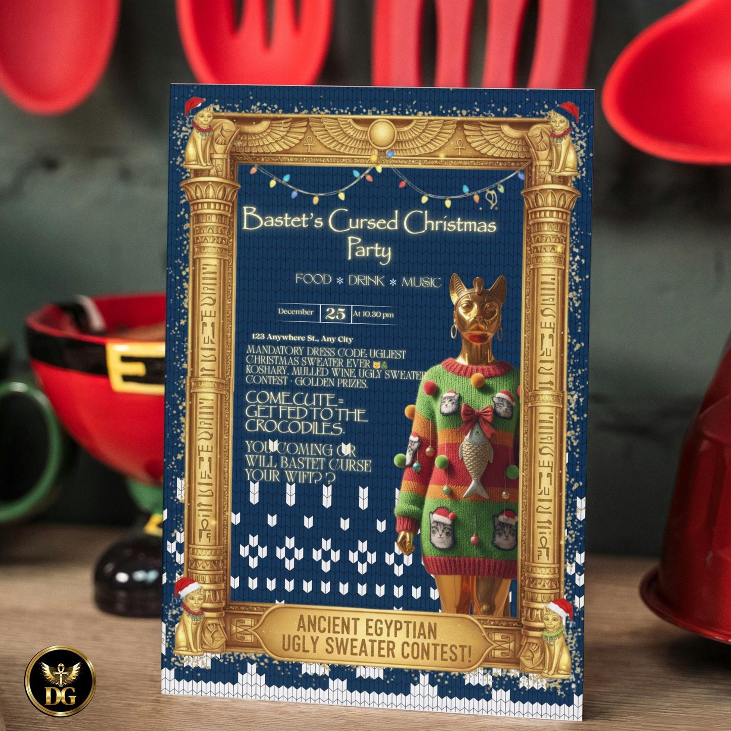 Bastet's Cursed Christmas Party Invite - Ugly Sweater Egyptian Theme Digital Download Print