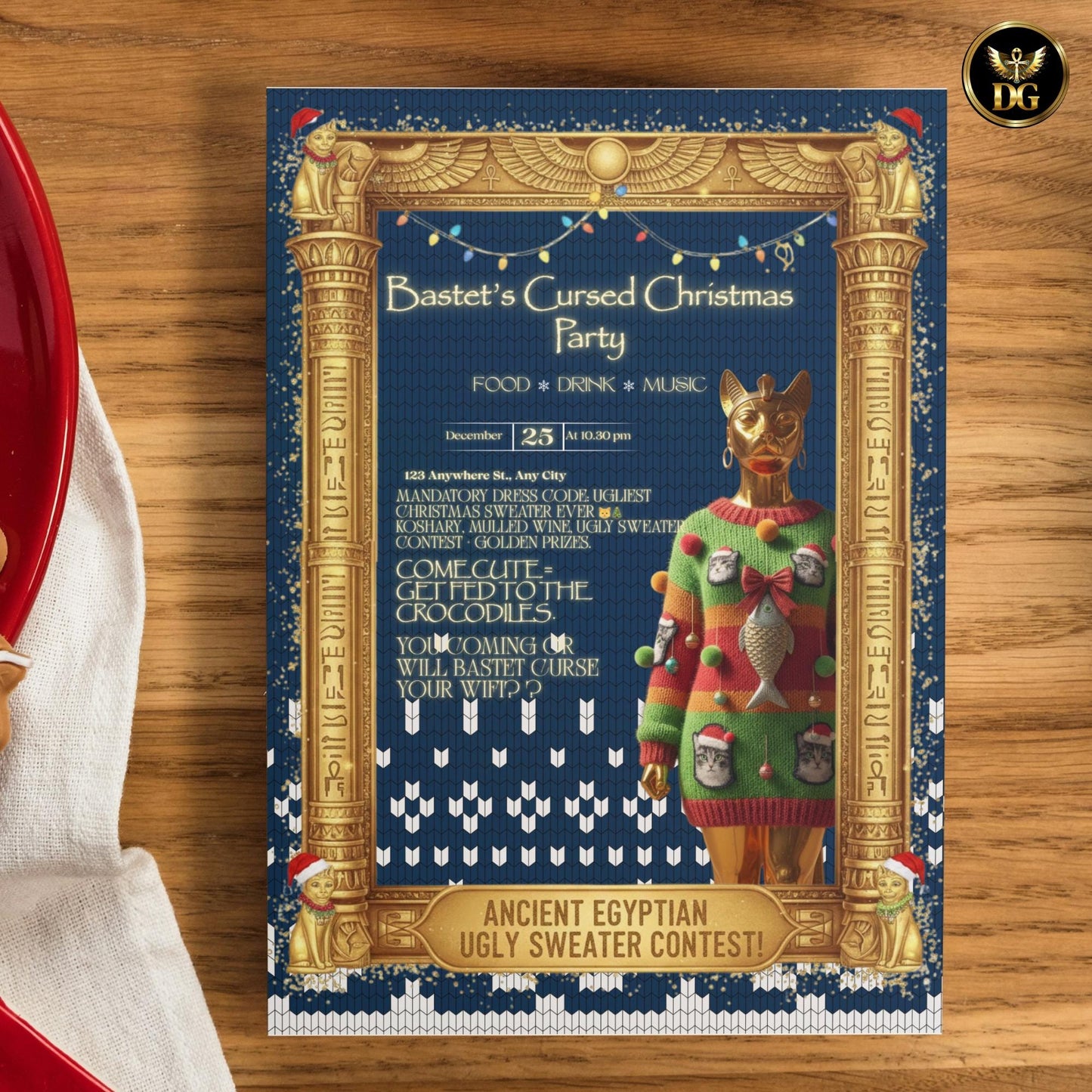Bastet's Cursed Christmas Party Invite - Ugly Sweater Egyptian Theme Digital Download Print