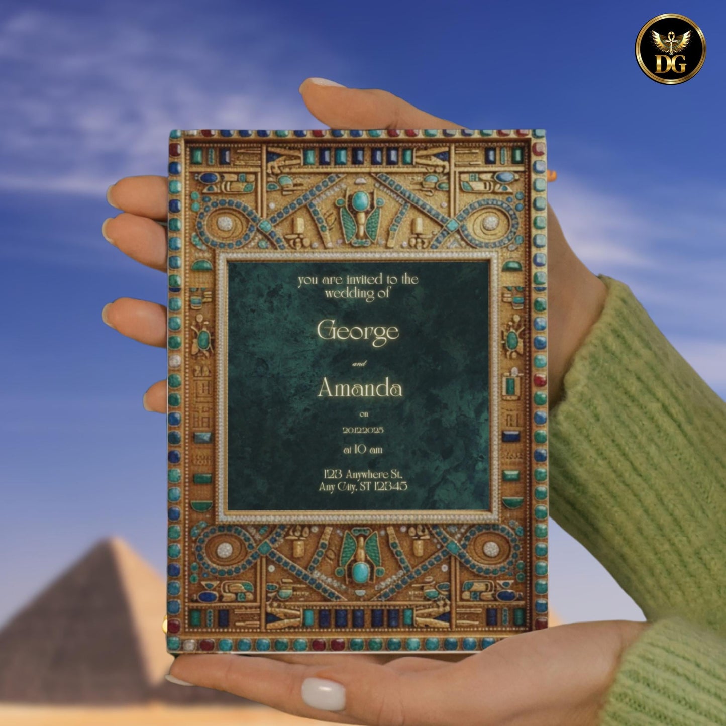 Luxury Egyptian Digital Wedding Invitation - Pharaoh Frame with Emerald Velvet & Jewel Accents