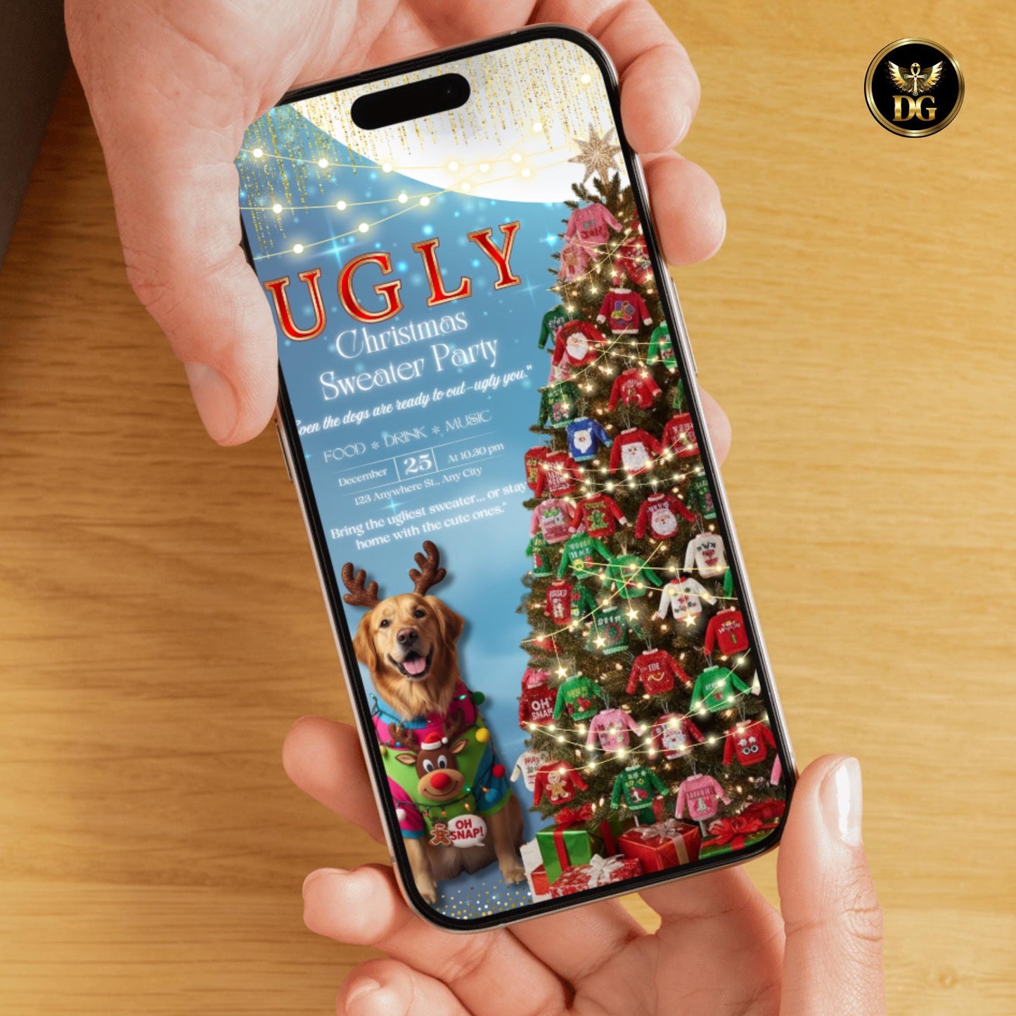 Ugly Christmas Sweater Party Invitation Template - Editable Digital Download - Holiday Party Invite - Christmas Dog Design