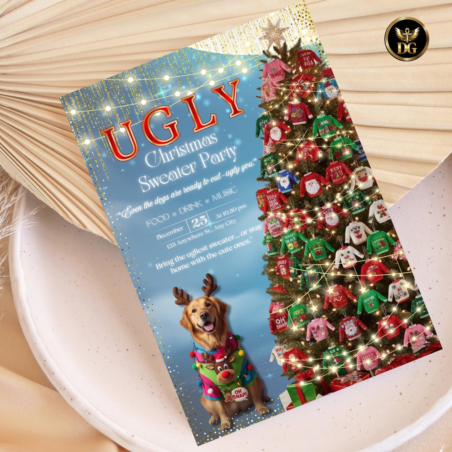 Ugly Christmas Sweater Party Invitation Template - Editable Digital Download - Holiday Party Invite - Christmas Dog Design