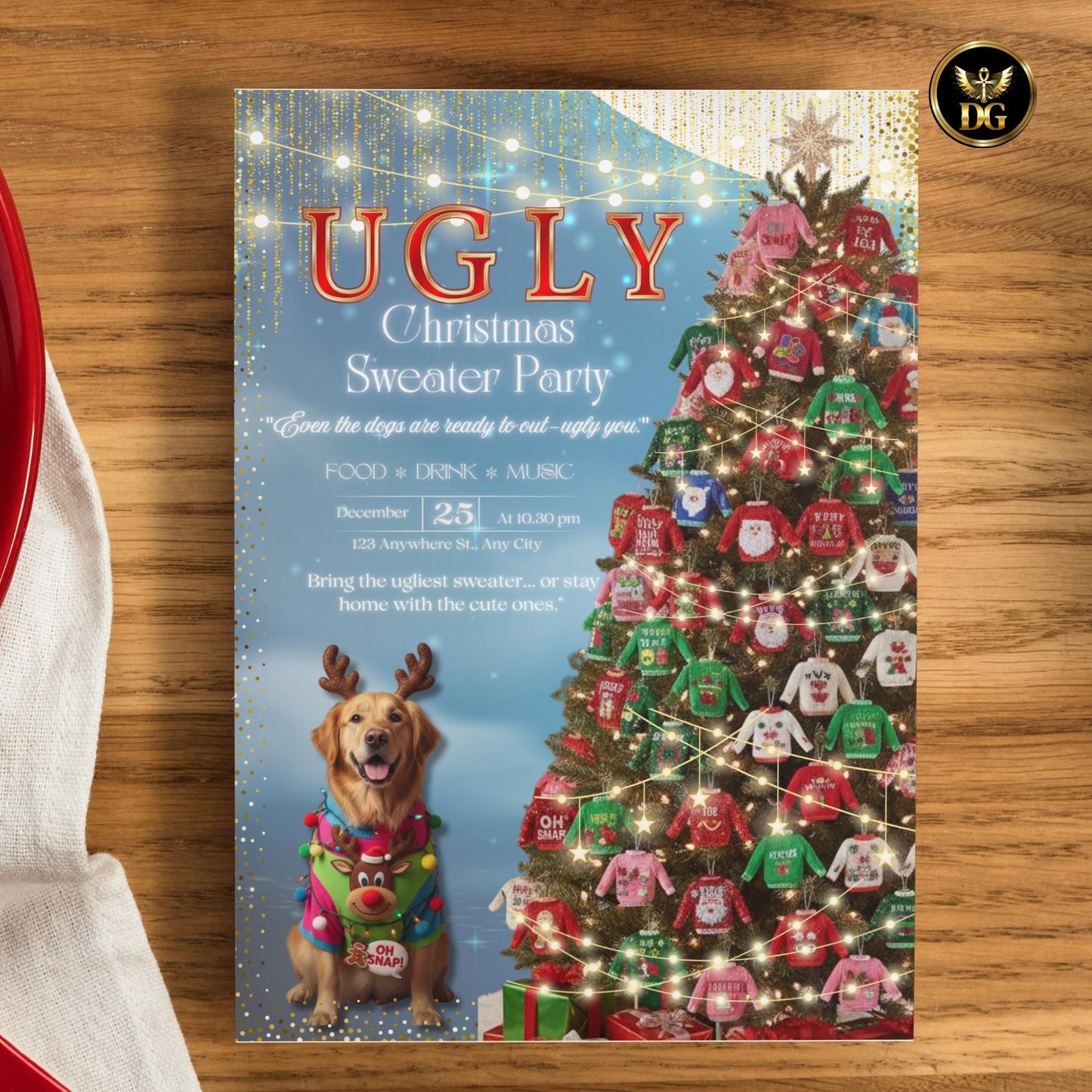Ugly Christmas Sweater Party Invitation Template - Editable Digital Download - Holiday Party Invite - Christmas Dog Design