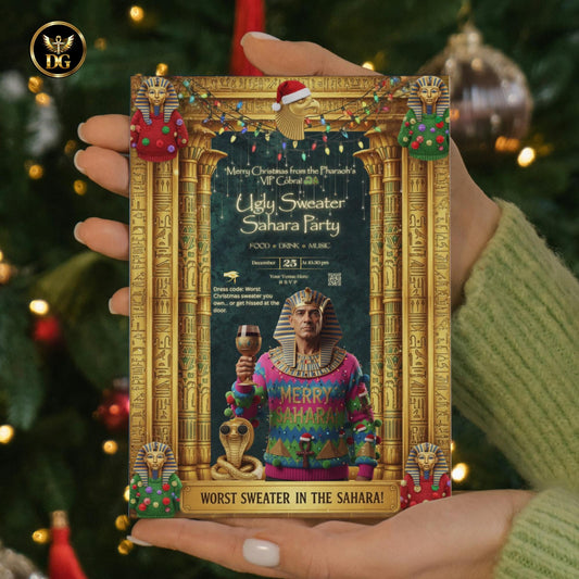 Ugly Christmas Sweater Party Invitation, Editable Egyptian Pharaoh Template, Sahara Xmas Digital Download, Snake Theme Holiday Invite