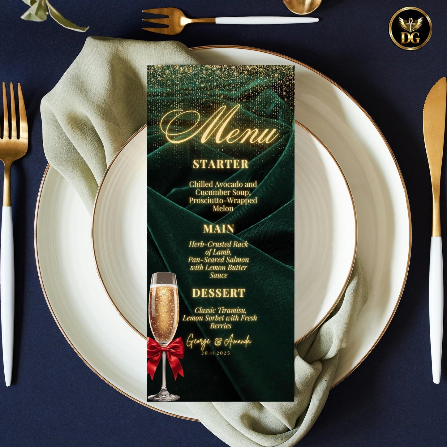 Emerald Velvet & Gold Glitter Christmas Party Invitation Set | Elegant Canva Template | Luxury Holiday Digital Invite