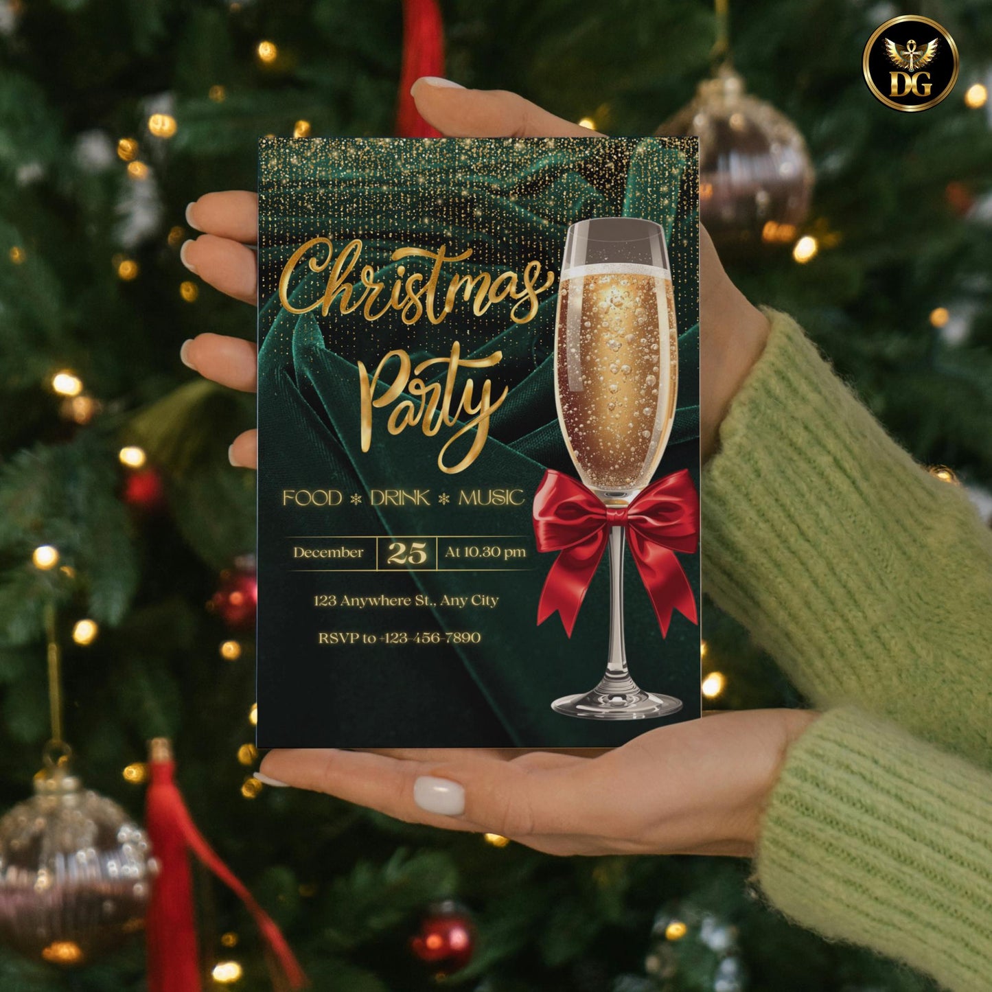 Emerald Velvet & Gold Glitter Christmas Party Invitation Set | Elegant Canva Template | Luxury Holiday Digital Invite