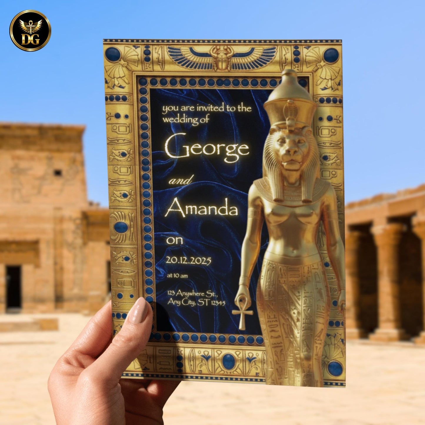 Premium Royal Egyptian Wedding Digital Invitation Celebrate Your Eternal Love Under Sekhmet’s Golden Protection and Divine Celestial Design