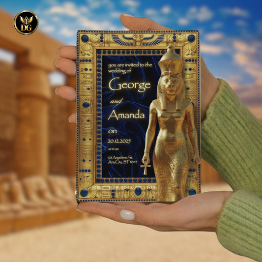 Premium Royal Egyptian Wedding Digital Invitation Celebrate Your Eternal Love Under Sekhmet’s Golden Protection and Divine Celestial Design