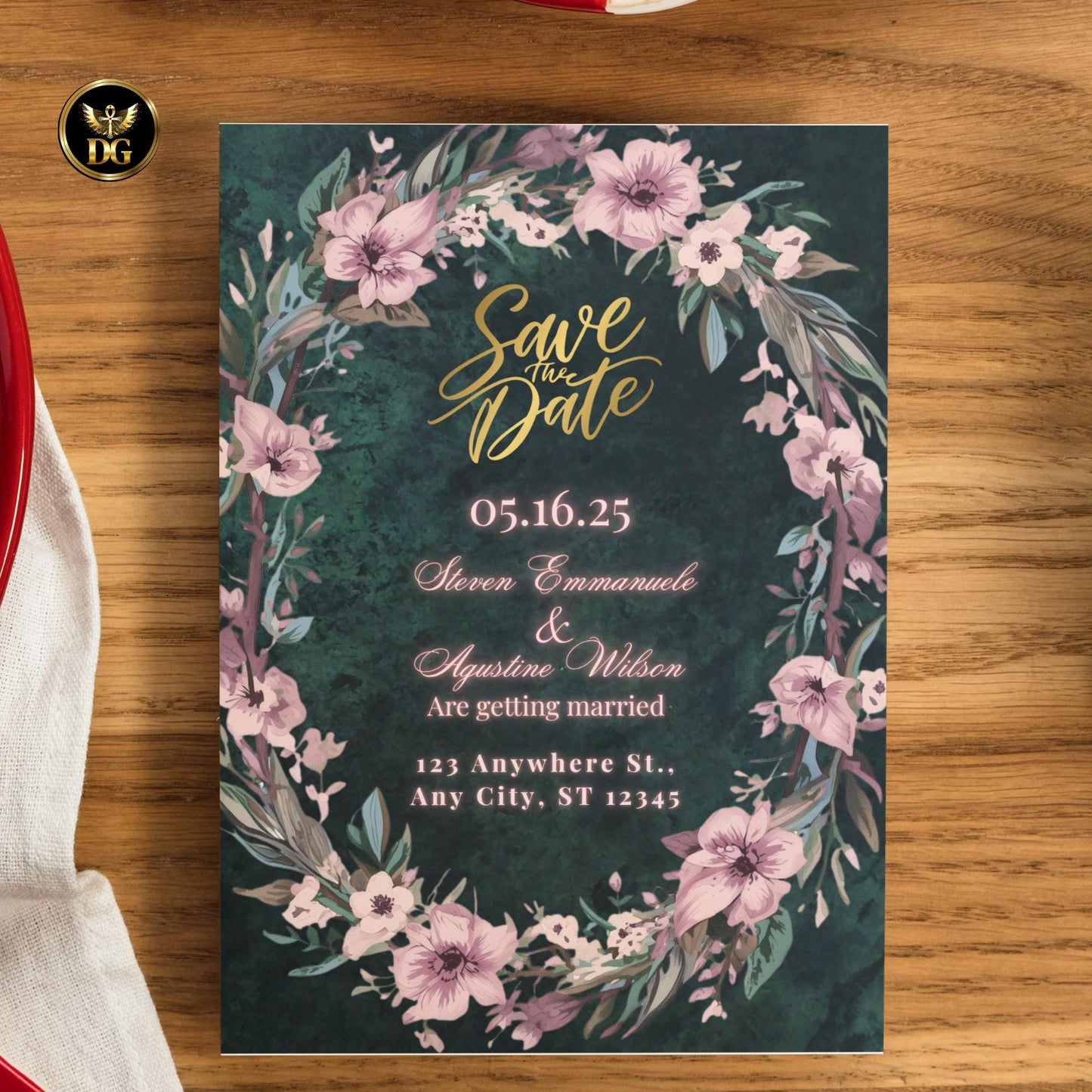 Emerald Velvet Wedding Suite Pink Floral Wreath Invitation Editable Canva Templates Luxury Green Wedding Bundle Elegant Printable Stationery