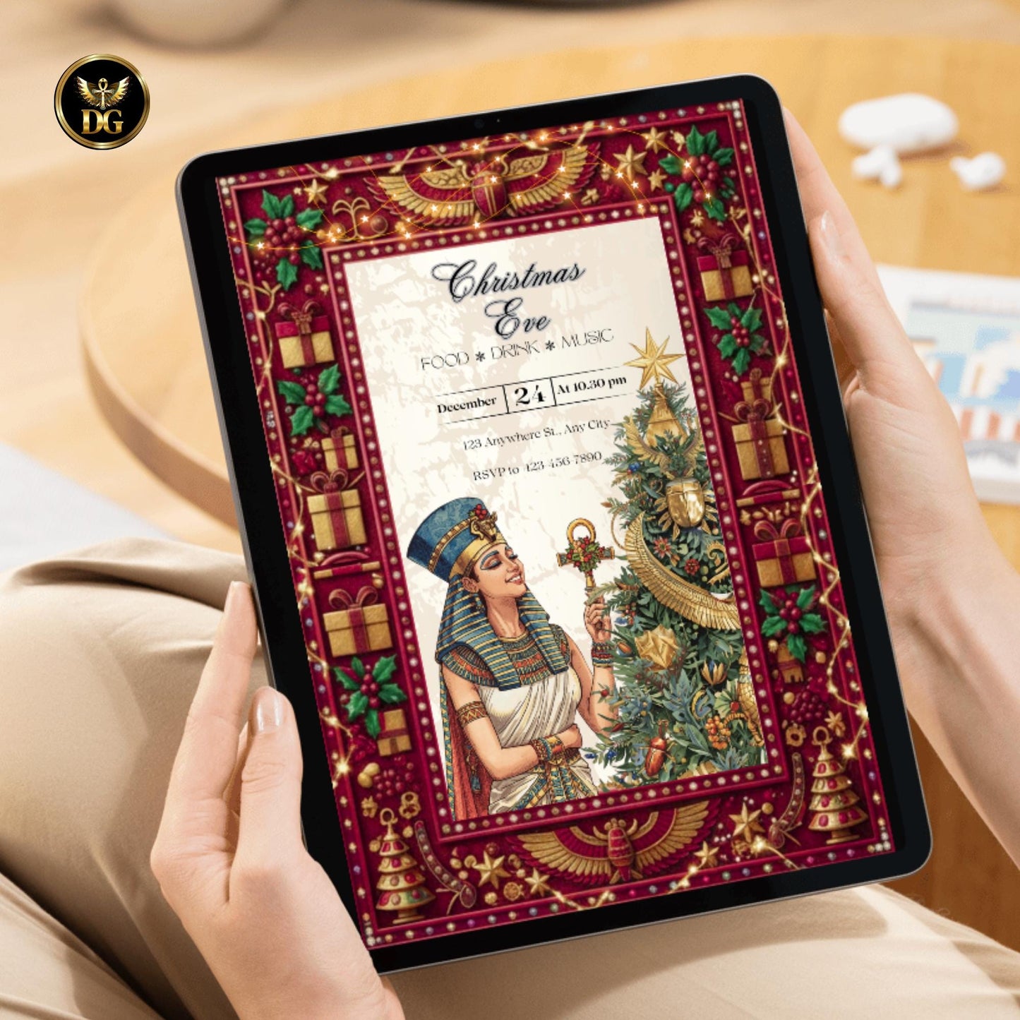 Royal Egyptian Christmas Eve Invitation | Queen Holding Ankh | Luxury Pharaonic Holiday Card Design