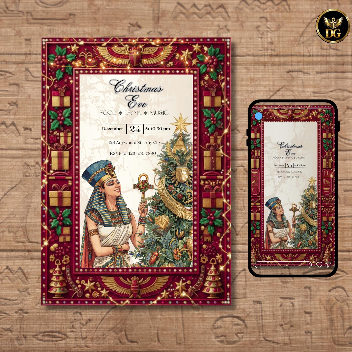 Royal Egyptian Christmas Eve Invitation | Queen Holding Ankh | Luxury Pharaonic Holiday Card Design