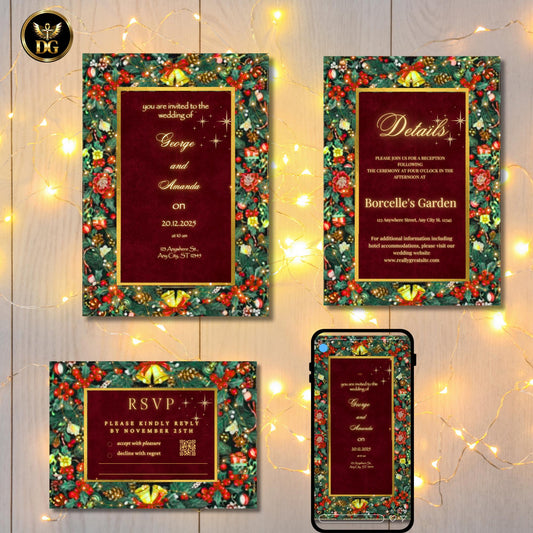 Luxury Christmas Wedding Invitation – Emerald Green Frame, Burgundy Velvet & Elegant Gold Details Digital Card