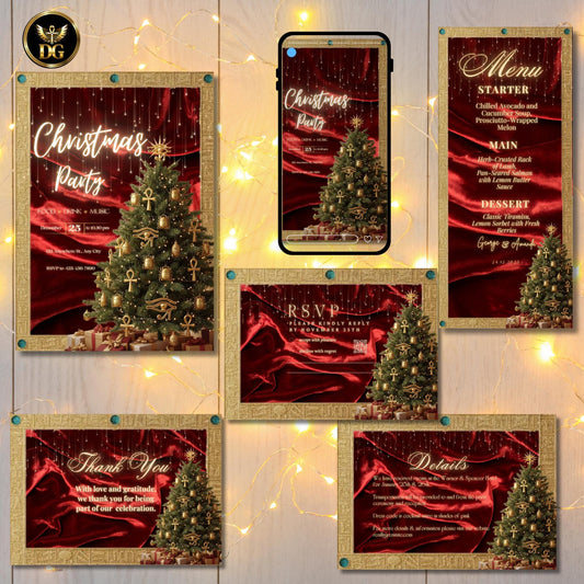 Luxury Egyptian Christmas Party Invitation Bundle – Red Velvet & Gold Hieroglyphic Design with Ankh, Scarab, Eye of Horus Ornaments