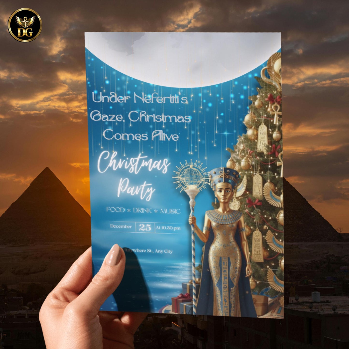 Nefertiti Christmas Eve Invitation Template - Egyptian Pharaoh Party Digital Bundle