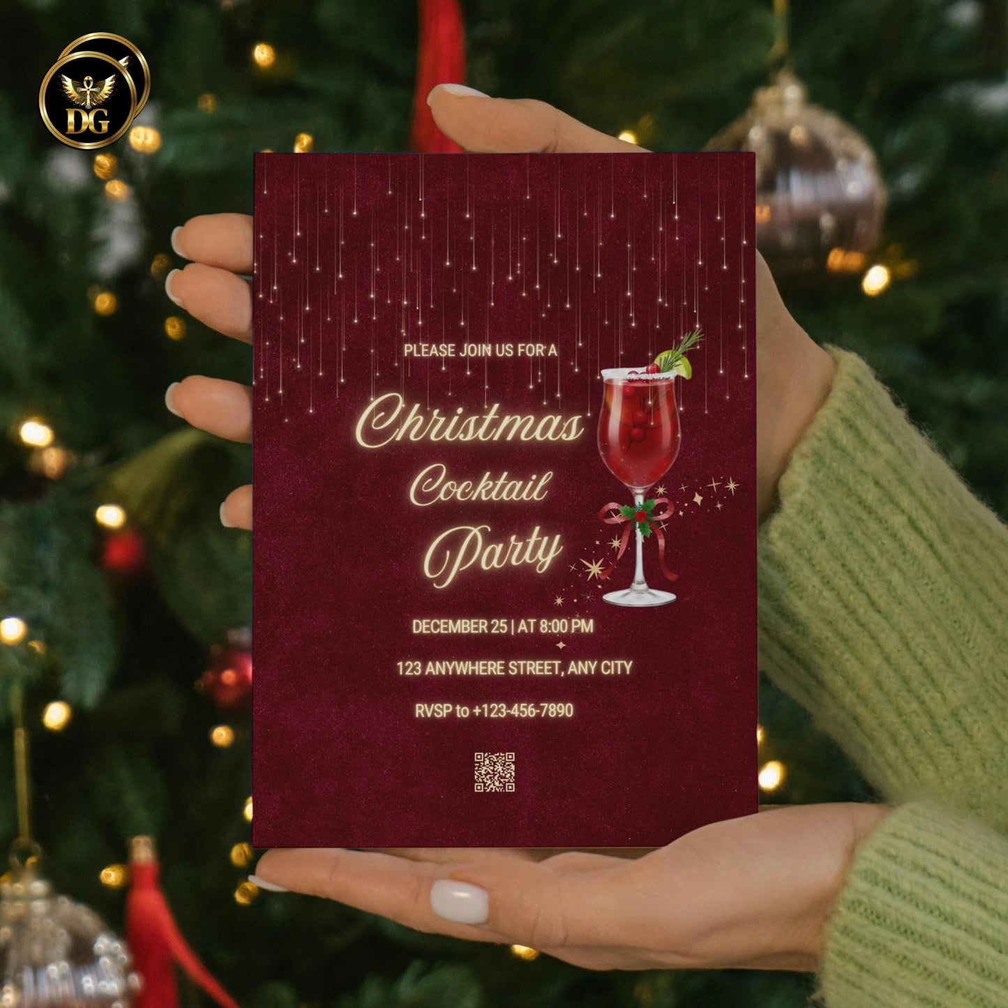 Burgundy Crimson Velvet & Golden Sparkle Cocktail Party Invitation bundle | Luxury Christmas Canva Template for Elegant Holiday Celebration