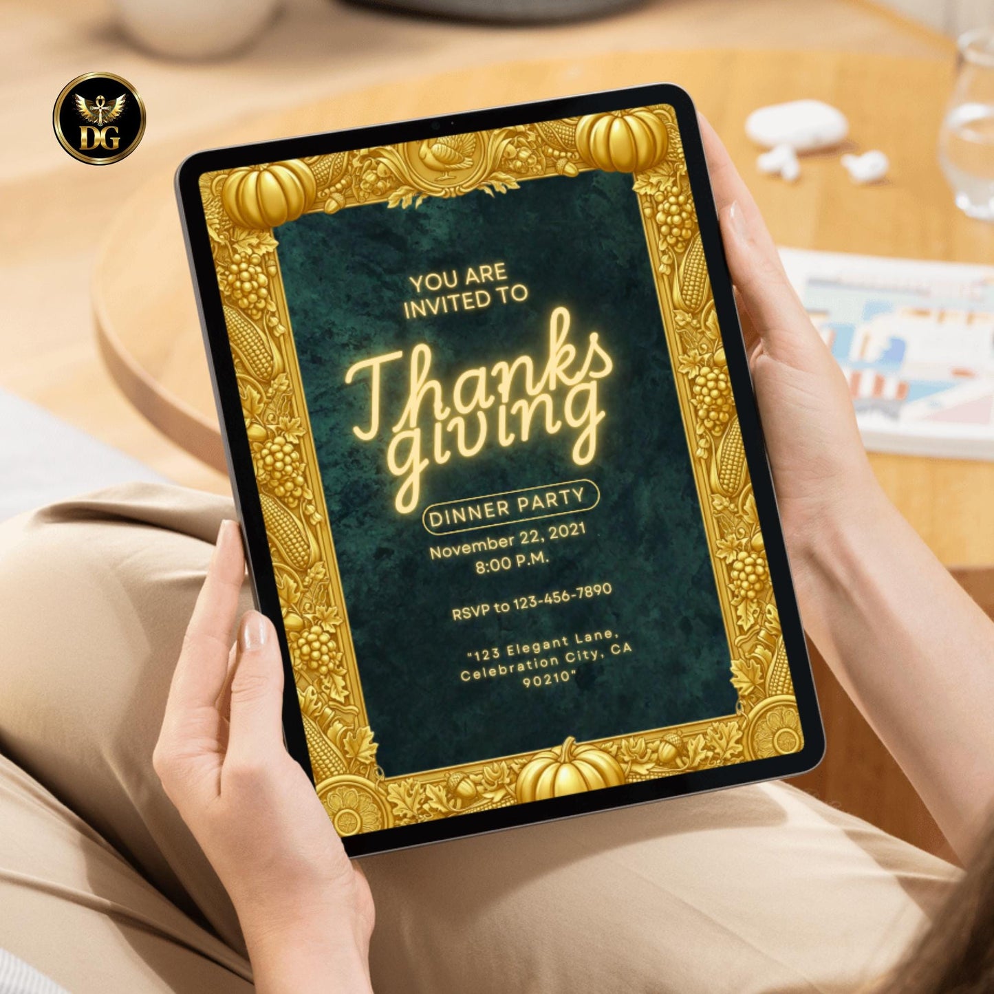 Elegant Emerald Velvet Thanksgiving Dinner Invitation Luxury Green Velvet & Gold Frame Canva Template Autumn Harvest  Friendsgiving Invite