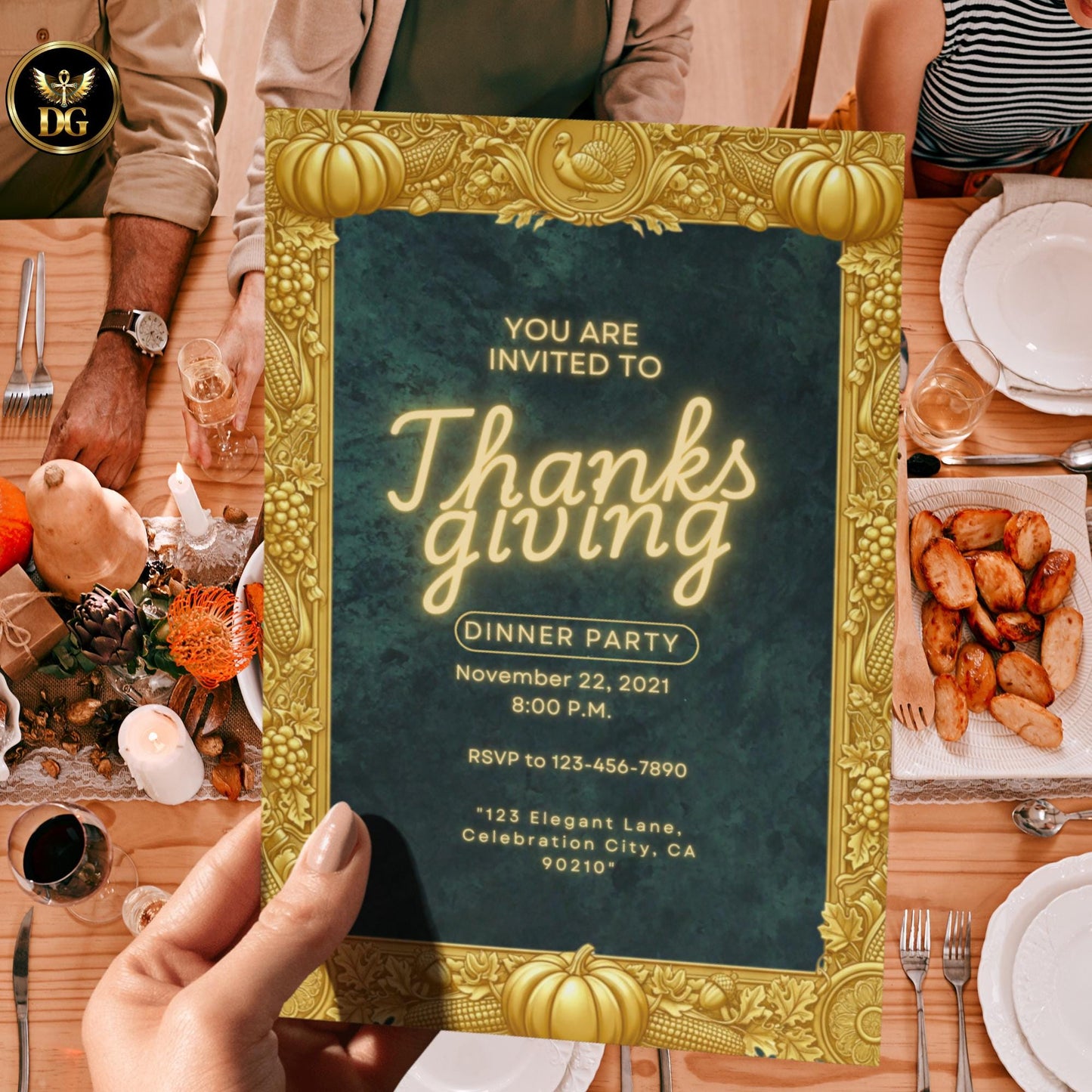 Elegant Emerald Velvet Thanksgiving Dinner Invitation Luxury Green Velvet & Gold Frame Canva Template Autumn Harvest  Friendsgiving Invite