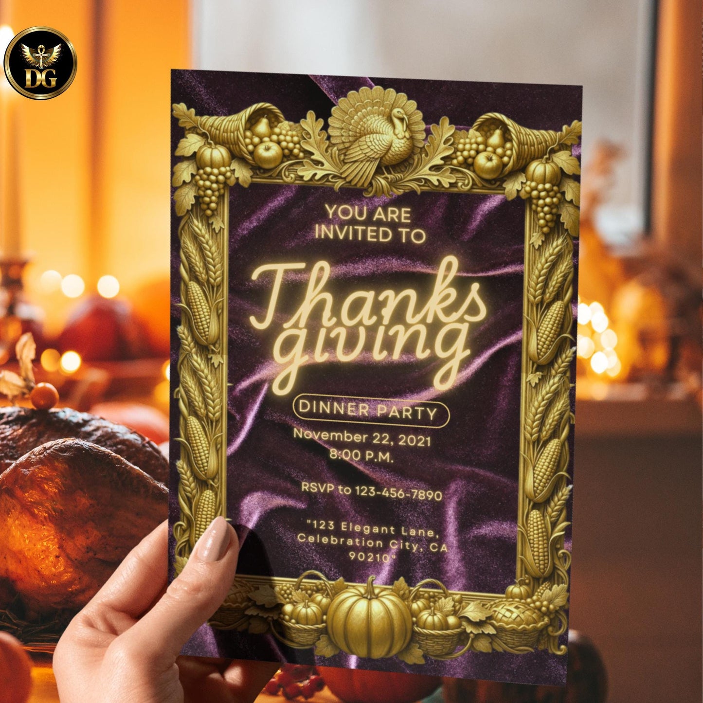 Elegant Deep Purple Velvet Thanksgiving Invitation | Luxury Gold Frame Harvest Invite | Canva Template with Turkey & Cornucopia Design Extra