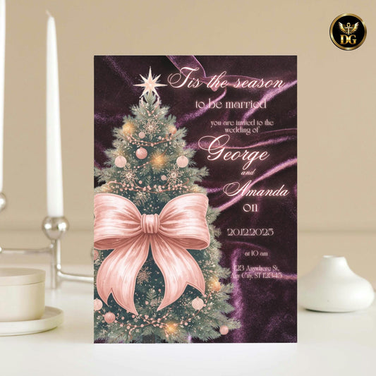 Deep Purple Velvet Christmas Wedding Invitation | Green Tree & Pink Bow | Elegant Winter Holiday Canva Template | Luxury Wedding Suite
