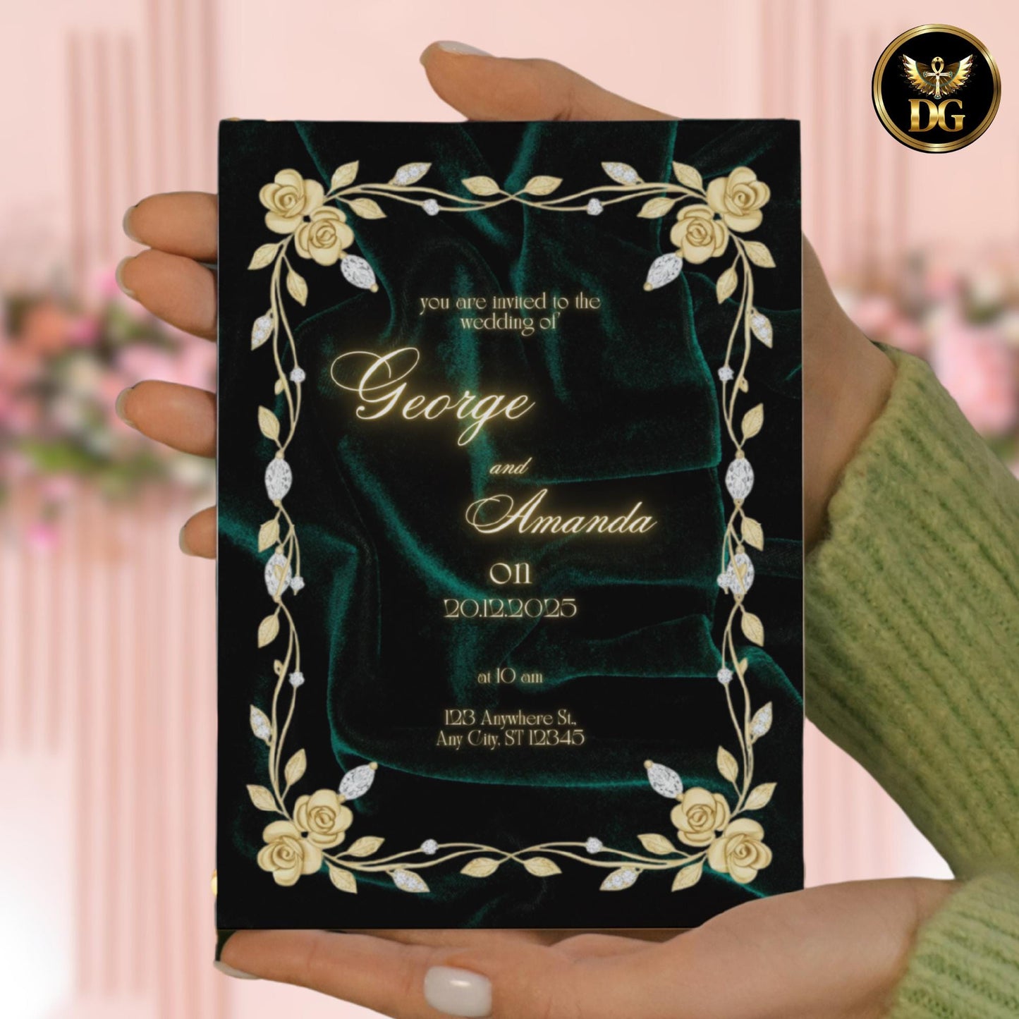 Emerald Green & Gold Luxury Wedding Invitations | Royal Velvet Canva Template | Elegant Bandal Design | Printable Wedding Suite