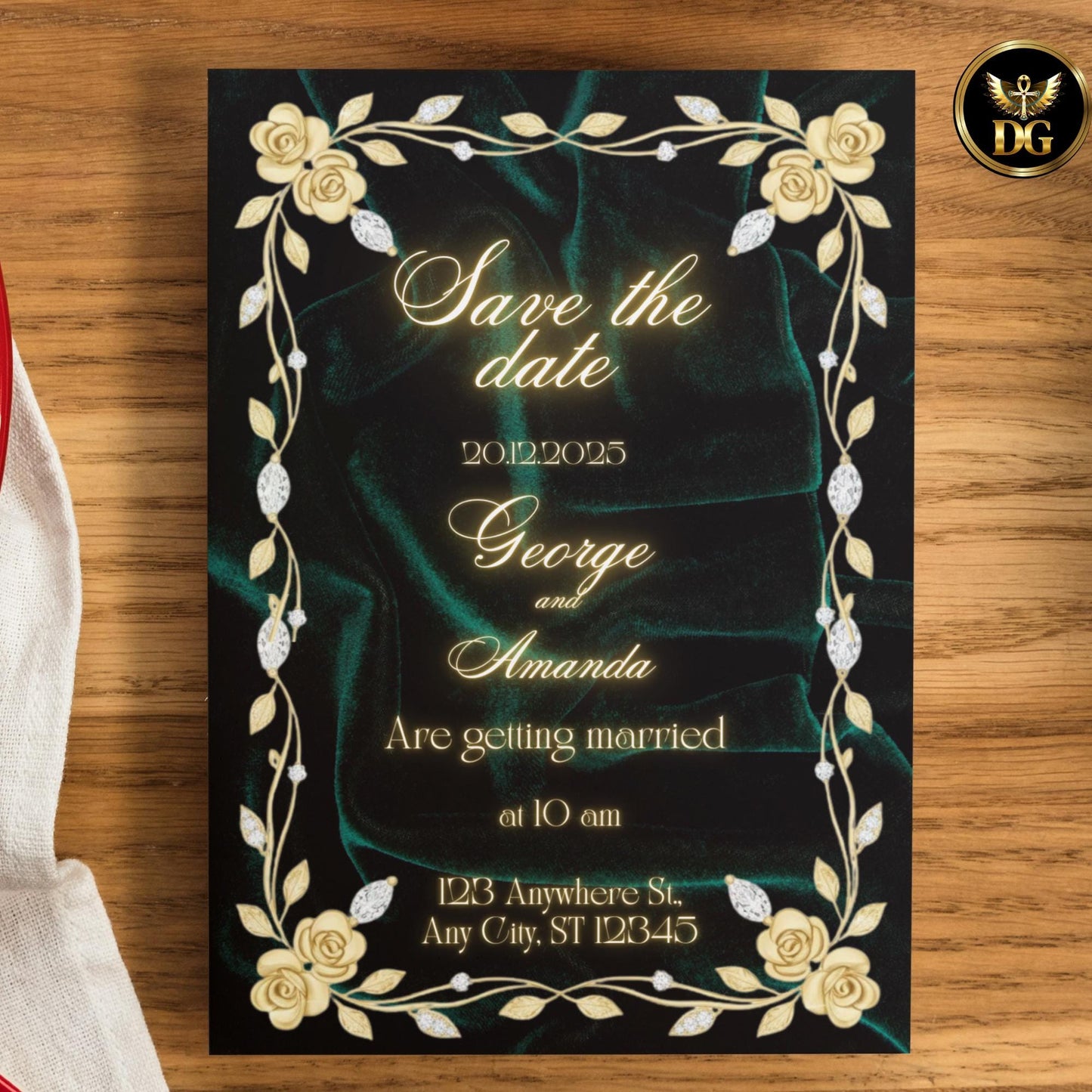 Emerald Green & Gold Luxury Wedding Invitations | Royal Velvet Canva Template | Elegant Bandal Design | Printable Wedding Suite