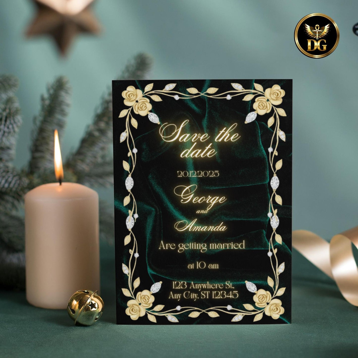 Emerald Green & Gold Luxury Wedding Invitations | Royal Velvet Canva Template | Elegant Bandal Design | Printable Wedding Suite